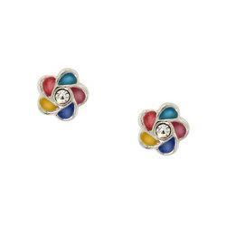 New Pair of Children's Crystal, Enamel, and Sterling Silver Flower Earringspair 