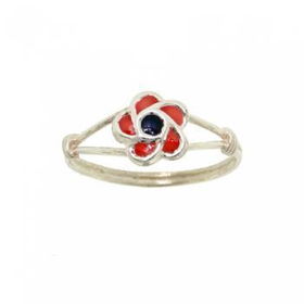 Solid Silver Ring Red Blue Enamel Crystal Flower Sz=4solid 