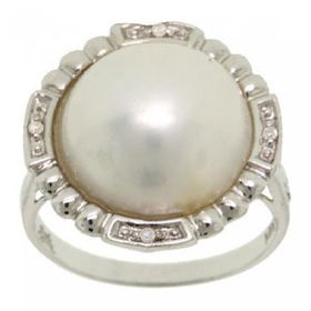 Solid 14KT White Gold Ring Cultured Mabe Pearl Diamondsolid 