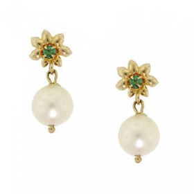 14KT Yellow Gold Dangle Earrings White Pearl & Emeraldyellow 