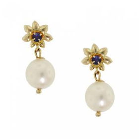 Dangling 14KT Yellow Gold Earrings Akoya Pearl Sapphiredangling 