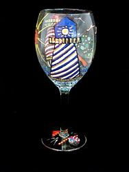 Lively Lighthouses Design - Hand Painted - Wine Glass - 8 oz.lively 