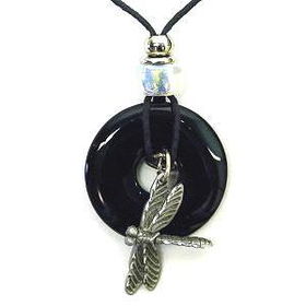 Onyx Circle and Pewter Dragonfly Pendantonyx 