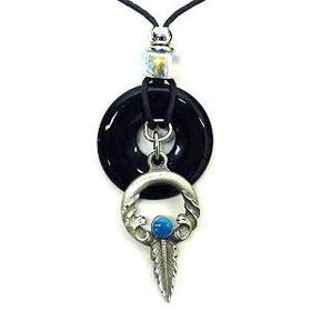 Onyx and Diamond Cut Pewter Necklace - Ring and Feather Pendantonyx 