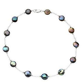 Sterling Silver Freshwater Cultrued Black Coin Pearl Station Necklacesterling 