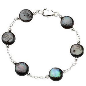 Sterling Silver Freshwater Cultured Black Coin Pearl Station Braceletsterling 