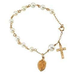 14K Yellow Gold Miraculous Medal With Pearls Rosary Braceletyellow 