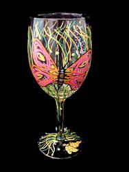 Butterfly Meadow Design - Hand Painted - Wine Glass - 8 oz..butterfly 