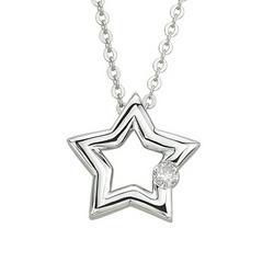 14K White Gold Pave Set Round Diamond Open Star Pendant & Necklacewhite 