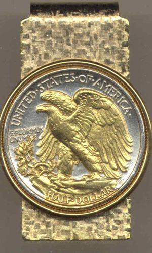 2-Toned Gold on Silver Old  U.S. Walking Liberty (Eagle side) half dollar (Hinged) Money clips