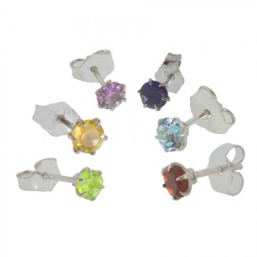 Gemstone Earrings Silver Set of 6 Girls Ladies Baby