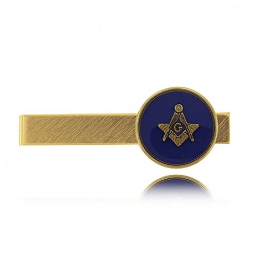 Blue Masonic Tie Clip Gold Tone W/ Round Signet - New