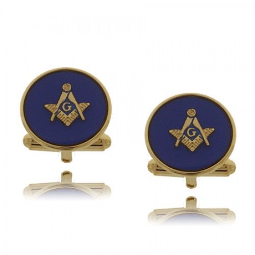 Blue Masonic Cuff Links Gold Tone W/ Signet - Gents New