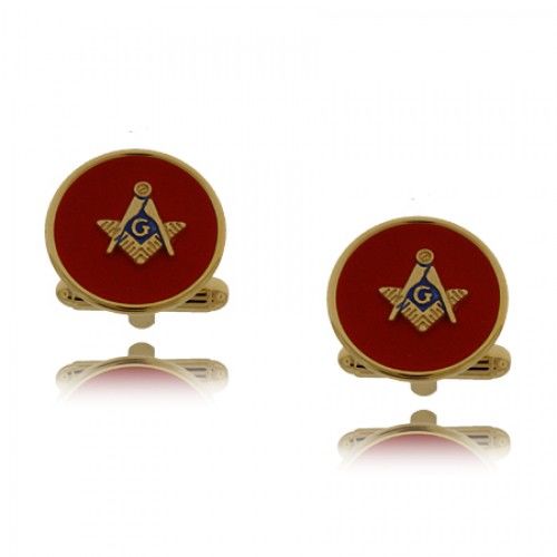 Red Masonic Cuff Links with Gold Tone Metal & Signet