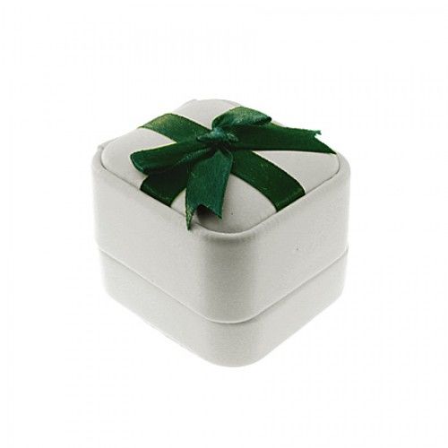 Earring Box W/ Green Satin Bow in White Leatherette New