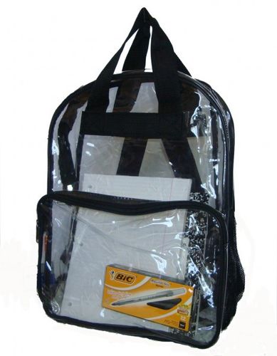 See-through clear PVC backpack, 17x13x5"", Black. Case Pack 40