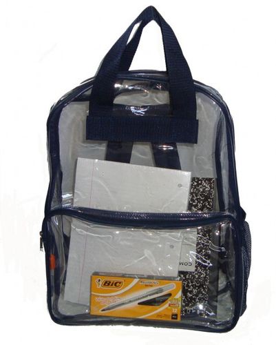 See-through clear PVC backpack, 17x13x5"", Navy. Case Pack 40