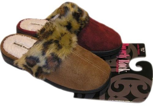 Ladies Slippers Faux Suede with Leopard Trim Case Pack 30