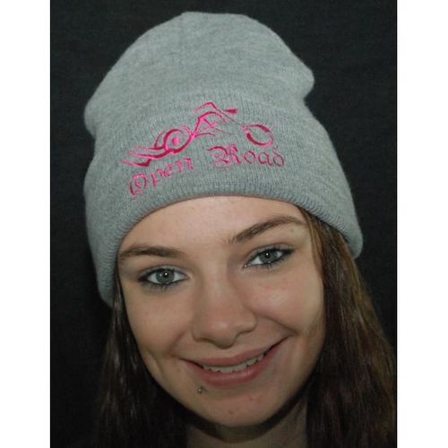 Grey/Pink 12'' Embroidered Beanie with Cuff