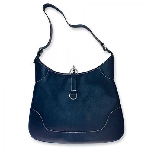 Navy Leather Handbag Jackie Kennedy Purse with Canvas Lining