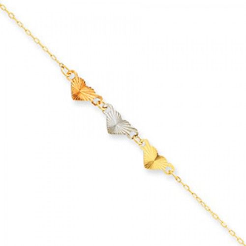 Women'S Heart Style Anklet in 14kt Rose, White and Yellow Gold - Tri-Tone