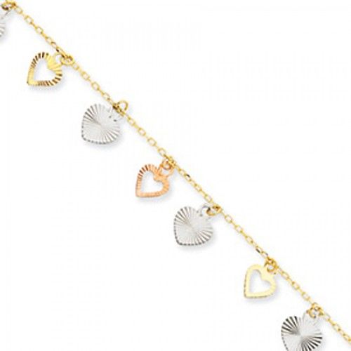 Women'S Heart Design Anklet in 14kt Rose, White and Yellow Gold - Tri-Tone