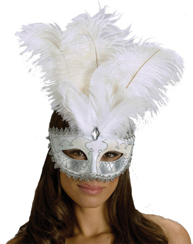 Carnival Mask Big Feathr Wt/Sv