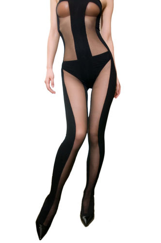 Blancho SE-133 Sexy Sheer Body Stocking With Special Stripe Design - Black - Medium