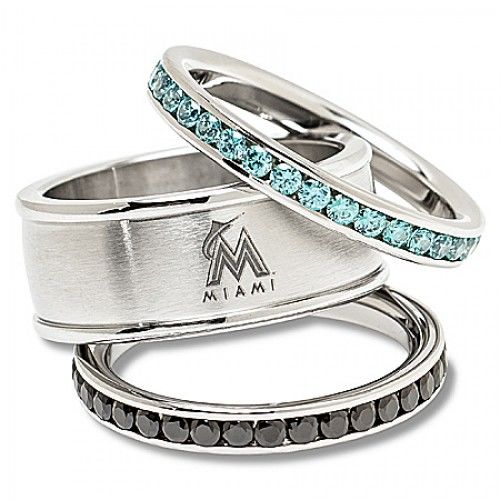 Miami Marlins Ring Crystal Stack Set For Women in Black & Teal Quartz