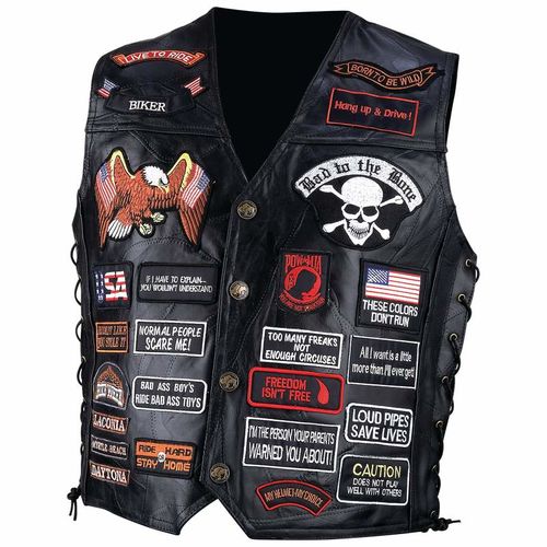 Diamond Plate&trade; Rock Design Genuine Buffalo Leather Biker Vest with 42 Patches