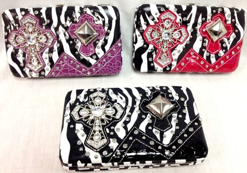 Wholesale Rhinestone Cross Western zebra print Wallets Assorted Colors Case Pack 12