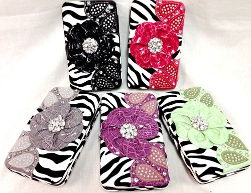 Wholesale Rhinestone Flower Zebra Print Fashion Wallets Case Pack 12