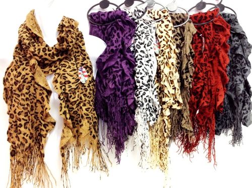 Ruffle Leopard Animal Print Knit Scarves with Fringes Assorted Colors Case Pack 24