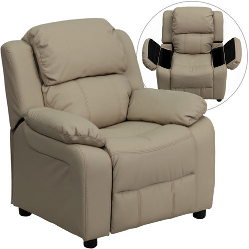 Deluxe Heavily Padded Contemporary Beige Vinyl Kids Recliner with Storage Arms