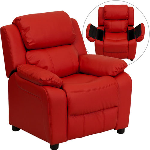 Deluxe Heavily Padded Contemporary Red Vinyl Kids Recliner with Storage Arms