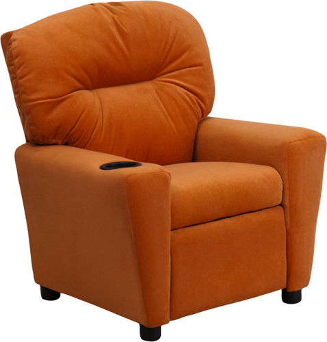 Contemporary Orange Microfiber Kids Recliner with Cup Holder