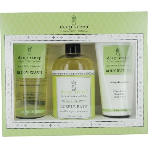 DEEP STEEP by Deep Steep SET- HONEYDEW-SPEARMINT ORGANIC SHEA BUTTER BODY WASH 8 OZ & ORGANIC BUBBLE BATH 17.5 OZ & ORGANIC RICH BODY BUTTER 6 OZ