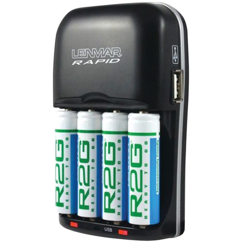 LENMAR R2G804U 4-Hour AA/AAA AC/DC Battery Charger with USB Output & 4 AA Ready-To-Go Batteries