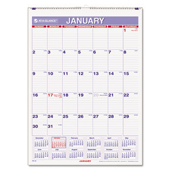 Recycled Monthly Wall Calendar, Blue and Red, 8"" x 11"", 2014