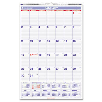 Recycled Monthly Wall Calendar, Blue and Red, 20"" x 30"", 2014