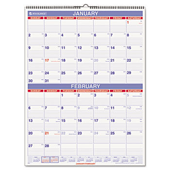 Two-Month Wall Calendar, Blue and Red, 22"" x 29"", 2014