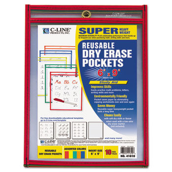 Reusable Dry Erase Pockets, 6 x 9, Assorted Primary Colors, 10/Pack