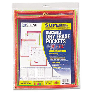 Reusable Dry Erase Pockets, 9 x 12, Assorted Neon Colors, 10/Pack