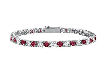 GF Bangkok Ruby and Cubic Zirconia Prong Set 10K White Gold Tennis Bracelet 3.00 CT TGW