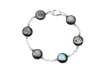 Sterling Silver and Freshwater Cultured Black Coin Pearl Station Bracelet - 7.5 Inch/ 12-13 MM