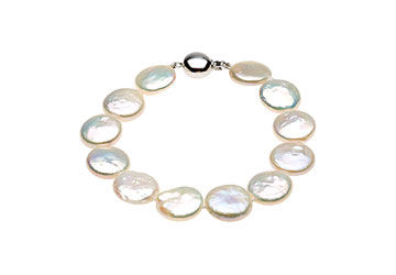 Sterling Silver and Freshwater White Cultured Coin Pearl Bracelet - 8 Inch/13-14 MM