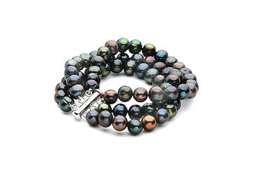 Sterling Silver and Freshwater Black Cultured Pearl Triple Strand Bracelet - 7.25 Inch / 8-9 MM