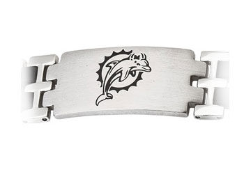 Stainless Steel and Rubber Miami Dolphins Team Logo Bracelet - 8 Inch