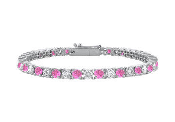 Created Pink Sapphire and Cubic Zirconia Prong Set 10K White Gold Tennis Bracelet 2.00 CT TGW