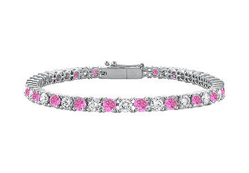 Created Pink Sapphire and Cubic Zirconia Prong Set 10K White Gold Tennis Bracelet 3.00 CT TGW